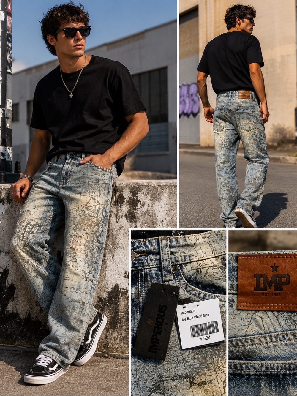 Imperious Ice Blue World Map Jeans Men’s 34X32 Distresses Graphic Print NWT